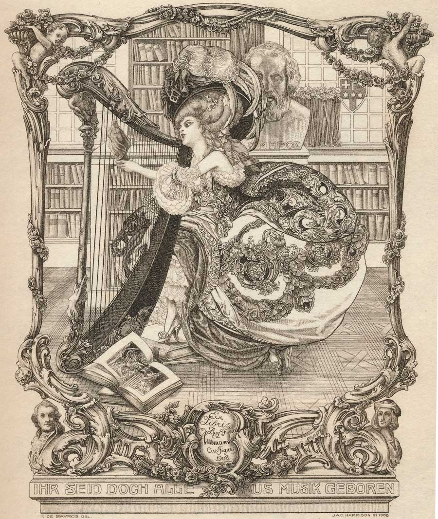  Musik Ex Libris in Bibliothek mit Harfe spielender Frau